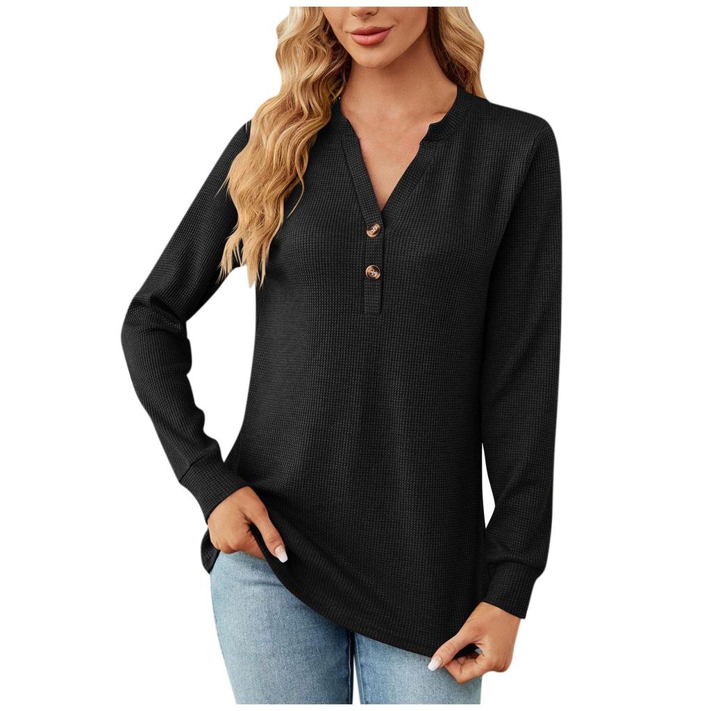 Women's Autumn And Winter Solid Color Models Solid Color V-neck T-shirt Buttons Decorated Loose Long-sleeved Tops