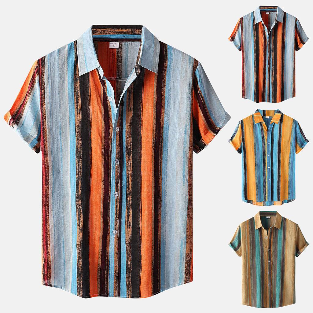 Men's Summer Vacation Contrast Color Striped Short Sleeve Top Loose Casual Color Lapel Shirt