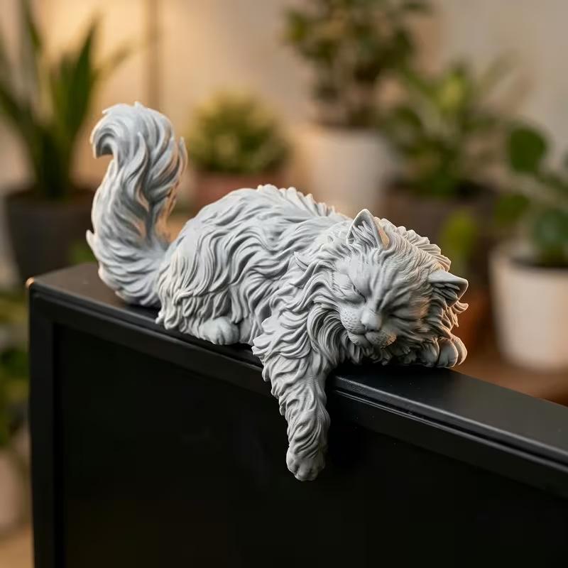 Милая фигурка спящего кота с длинной шерстью, 3D-печать, мини-питомец, подвесное украшение на монитор компьютера, настольное украшение для дома, офиса, подарок