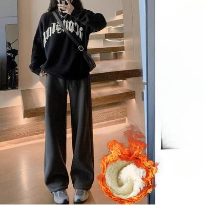 Бело-серые спортивные штаны с плюшевой подкладкой для женщин, осенне-зимние, с высокой посадкой, широкими штанинами, свободного кроя, леггинсы, утолщенные, из овечьей шерсти, верхние хлопковые штаны