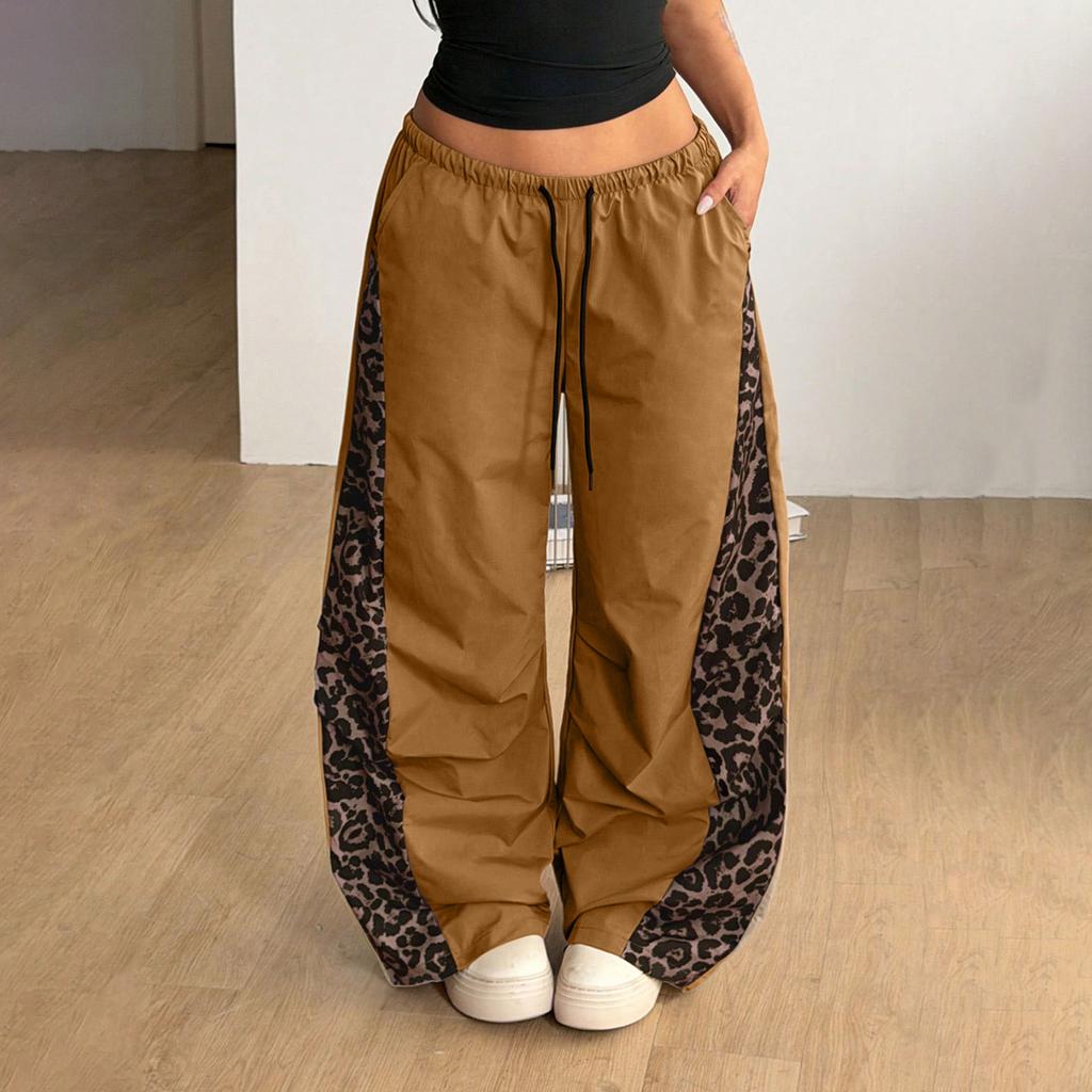Women's Leopard Print Wide Leg Pants with Elastic Waist and Flowy for Casual Wear