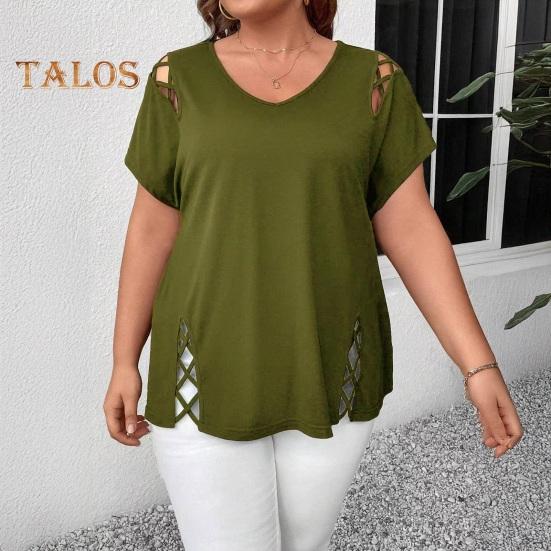 Женская летняя футболка с V-образным вырезом, коротким рукавом, однотонная, свободного кроя, повседневные топы с ажурным перекрестным дизайном