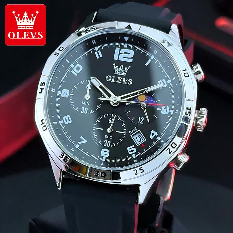 OLEVS Men's Watches Casual Fashion Multi-functional Moon Phase Chronograph Date Original Quartz Wristwatch for Man Waterproof