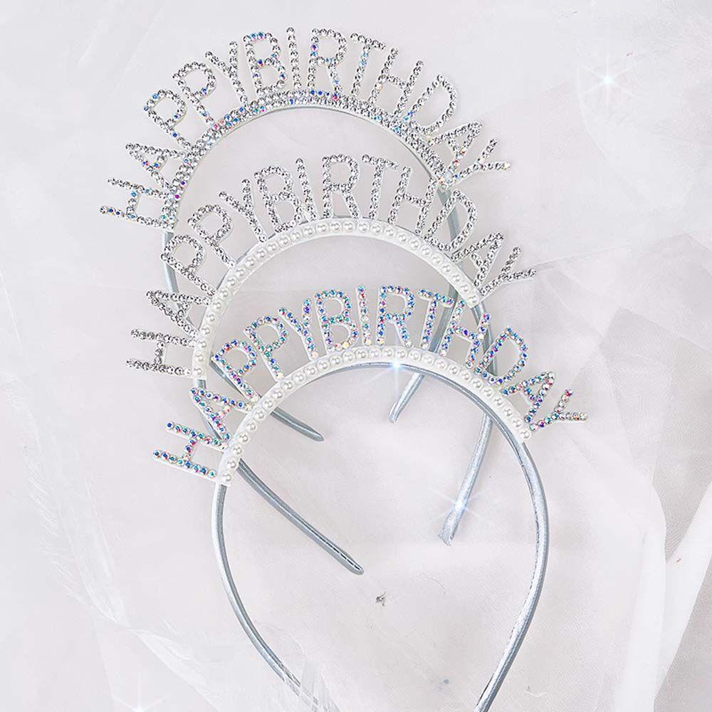 Pearl Zinc Zinc Alloy Queen Letter Birthday Hair Hoop Rhinestone Crown Happy Birthday Headband Female Jewelry