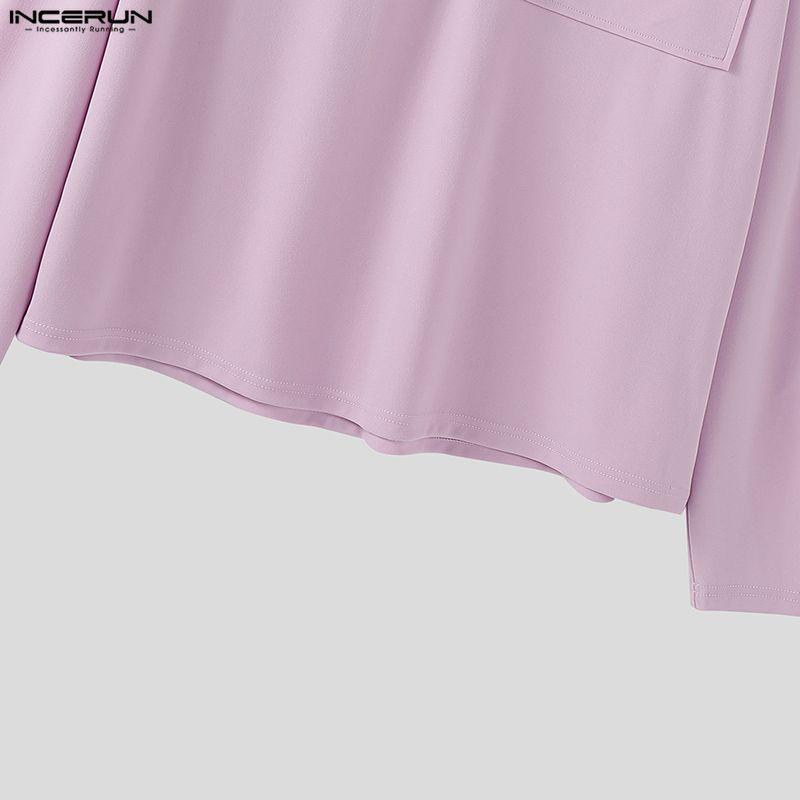 INCERUN Мужские футболки оверсайз с лацканами, длинным рукавом, однотонные, свободные, повседневные