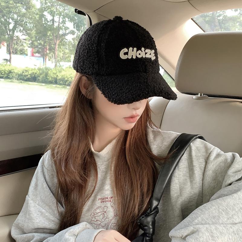 Lamb Plush Baseball Cap Women's Autumn and Winter Tide Wide Brim Versatile Windproof Warm Letter Embroidered Cap