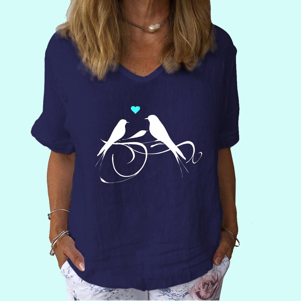 Women Fashion Short Sleeve Top Summer Casual V Collar Shirt Ladies Print Cotton Linen T-shirt