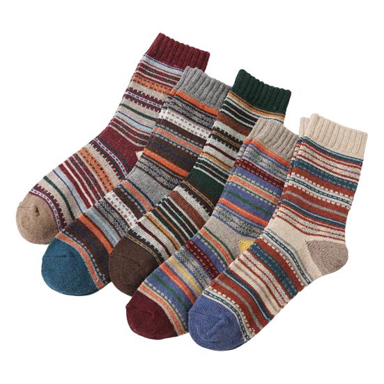 5 Pairs Winter Warm Crew Socks for Women Thick Mid-Calf Knitted Socks Retro Ethnic Style Socks for Christmas Gifts