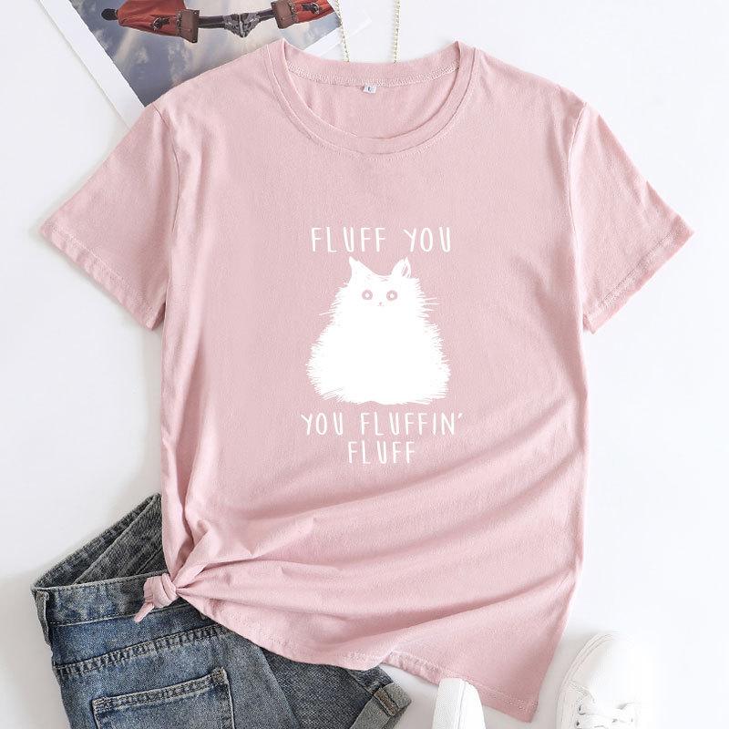 Летний топ с круглым вырезом и принтом в виде кошачьих букв, модные повседневные женские футболки из чистого хлопка с короткими рукавами
