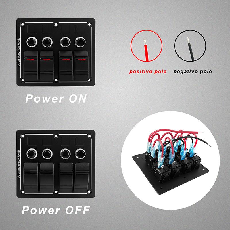 12V Red Led 4 Gang Mount Aluminum Marine Boat Rocker Switch Panel With 15A Breakers Waterproof DIY Sticker DC Distribution Panel