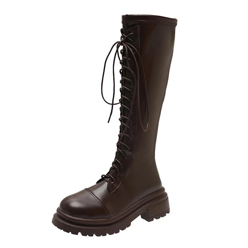 Мода 2024 года, высококачественная обувь для женщин, женские ботинки на шнуровке, осенние ботинки с круглым носком, однотонные, с высоким блочным каблуком, модные ботинки Zapatos Mujer