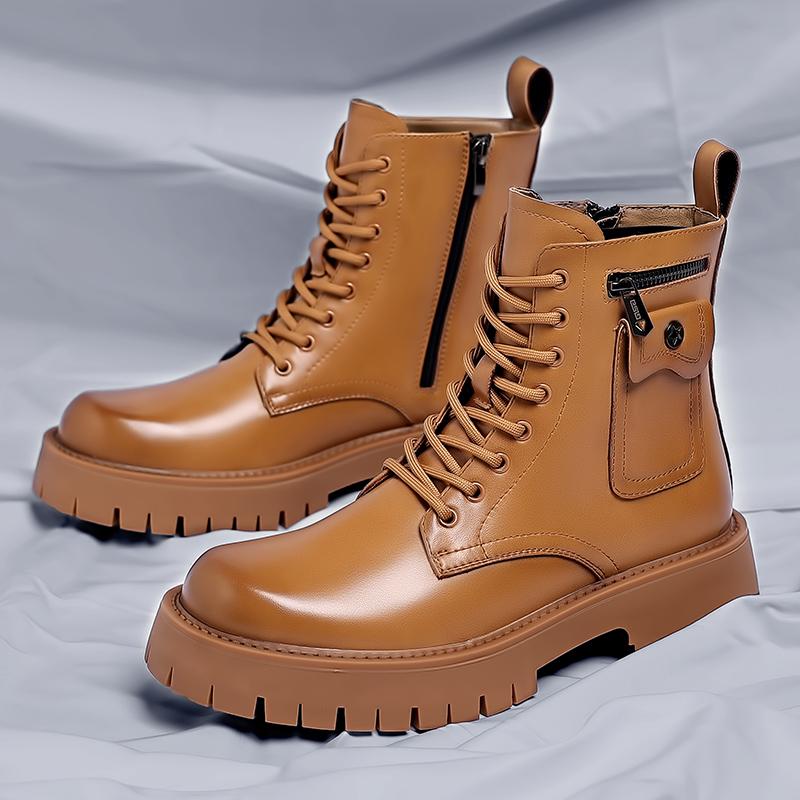 High Quality Men White Boots 2024 Fashion Zip Design Men's Leather Boot Anti-slip Lace-up Man Platform Boots Botas Para Hombre