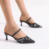 Fashion Baotou Fine Heel Slippers Women's Summer New Pointed Toe Shallow Mouth Embroidered Mesh Yarn Non-slip Wear-resistant High Heels