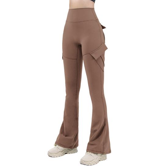 Women Flared Pants Elastic High Waist Wide Leg Casual Trousers with Flap Pockets Solid Color Cargo Pants Daily Wear