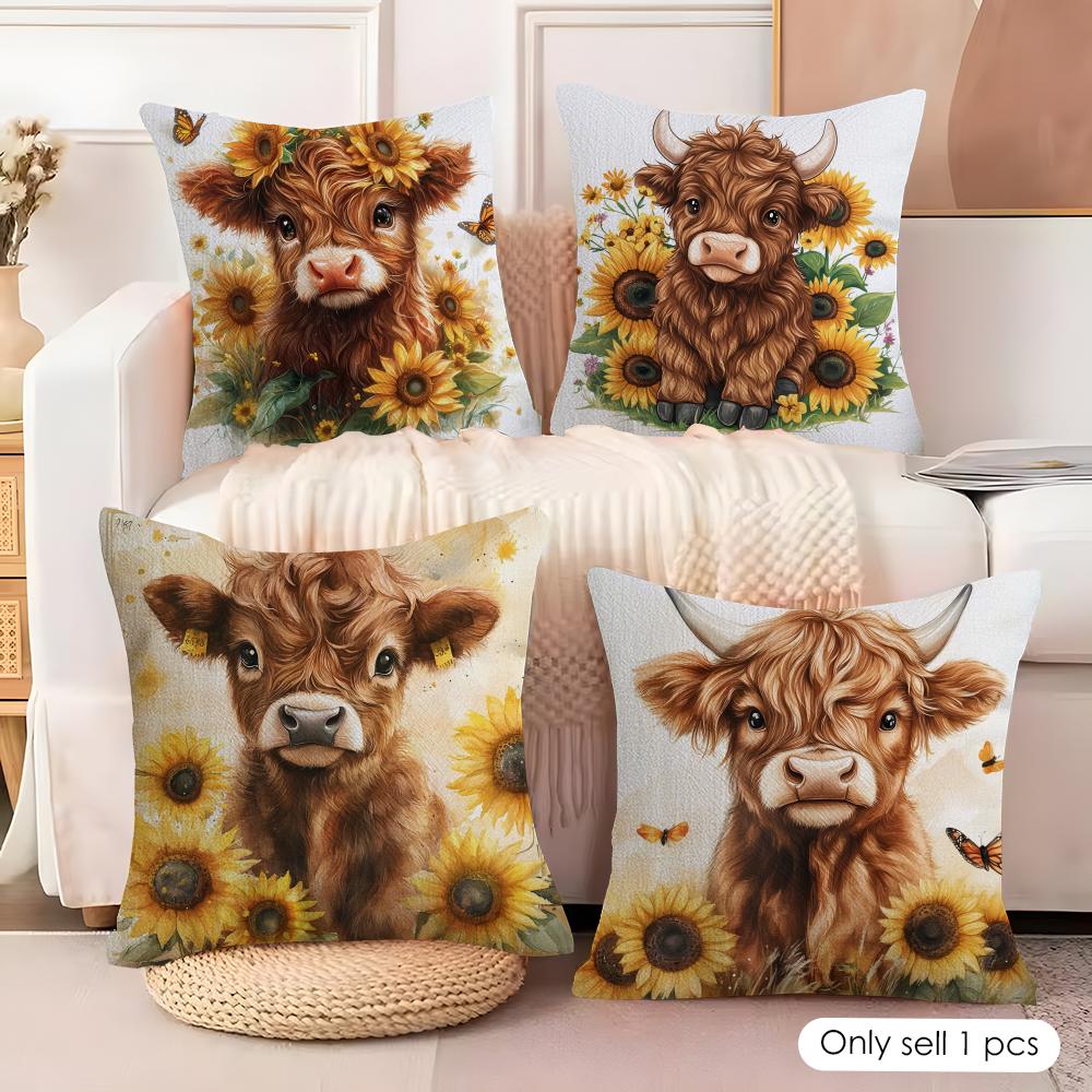Cute Highland cattle Cushion Cover Natural Linen Organic Fabric DoubleSided Printing Couch Pillow Covers Home Decor Gift