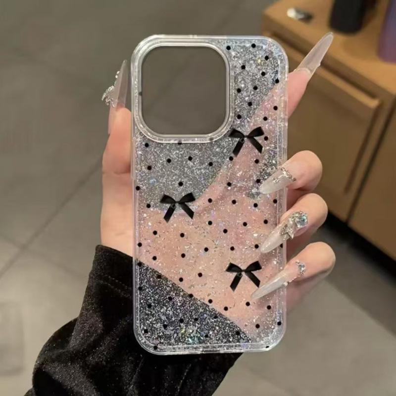 Изысканный серебристый блестящий бант Чехол для телефона для iPhone 13-16 Pro Max
