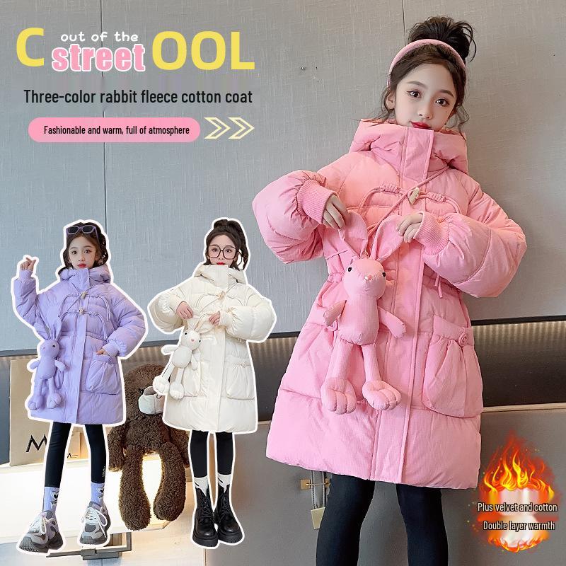 2025 Осень/Зима Модное пуховое пальто для девочек с флисовой подкладкой и куклой-кроликом