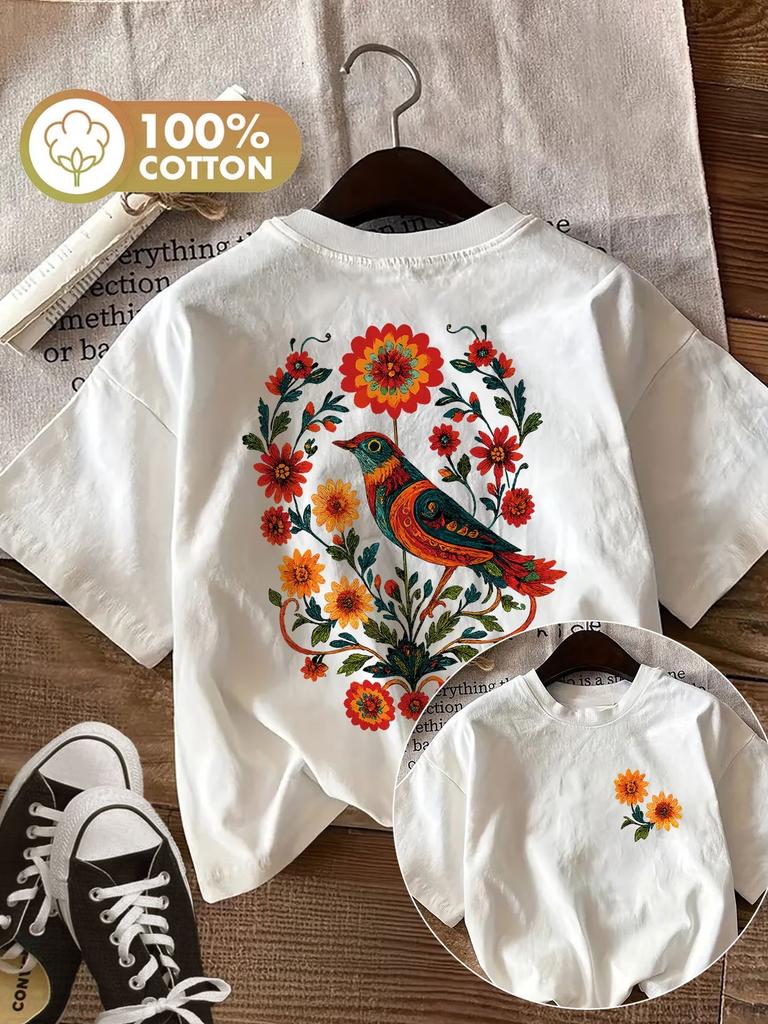 Vintage Bird with Flower Cotton Womens Retro Bird Print TShirt Harajuku Oversized Crew Neck Short Sleeve Top Tee Shirt