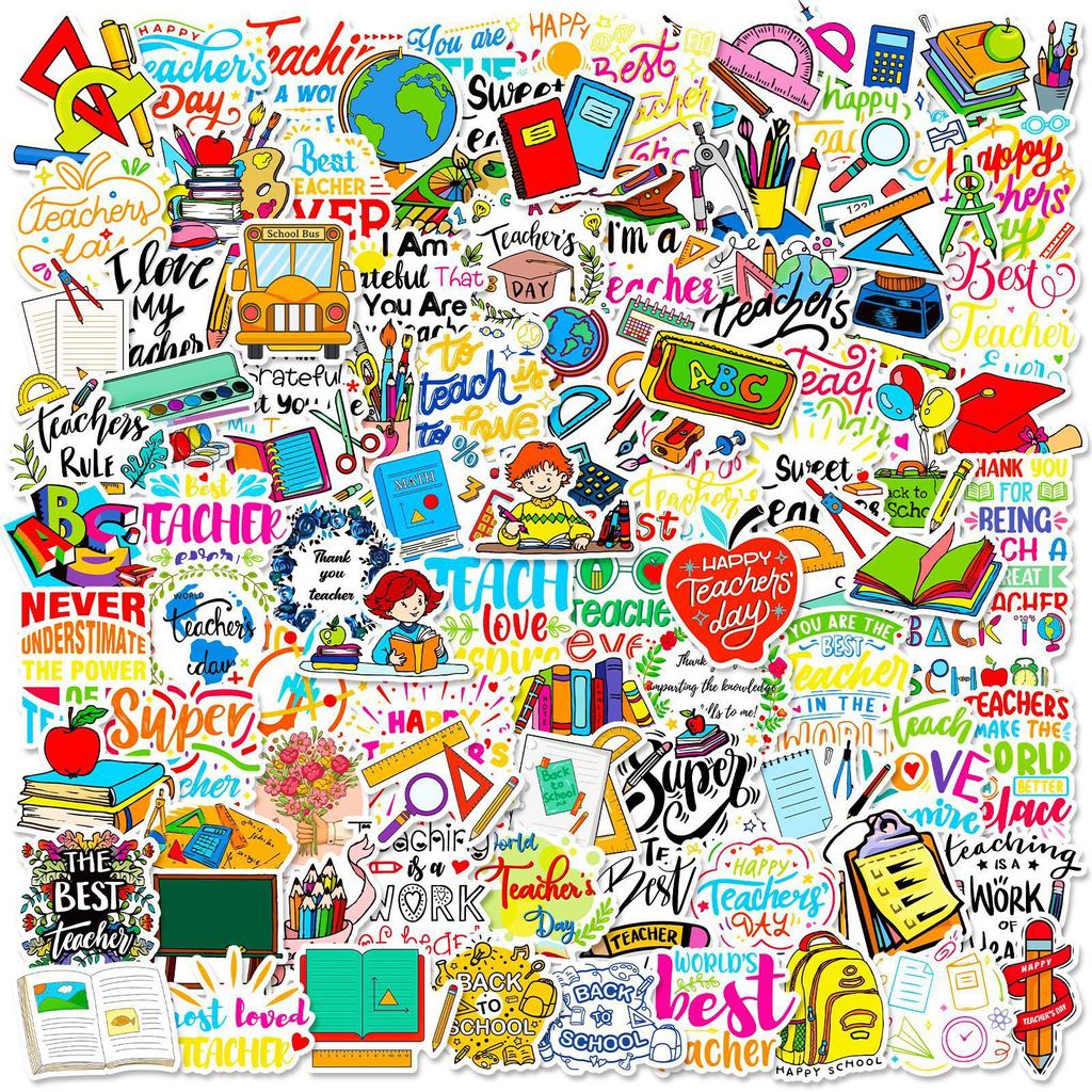 100 PCS Teacher Graffiti Stickers - School Theme Decals for Cars, Bottles, Notebooks