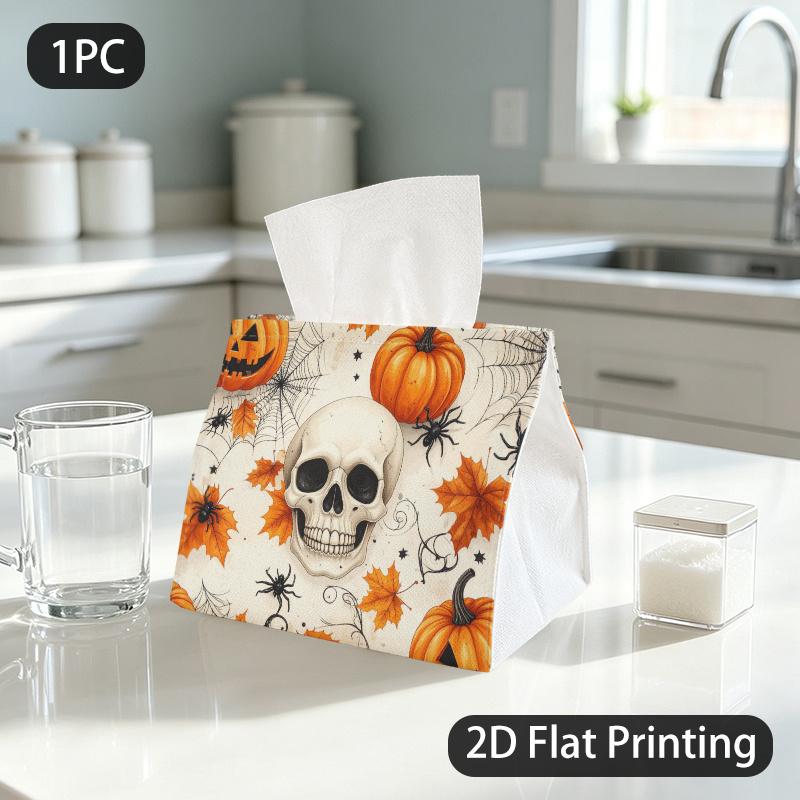 1pc Tissue Box, SPOOKY HALLOWEEN SKULL PUMPKIN SPIDER Pattern, 2D Flat Printing, Made from Tough Polyester, Easy to Carry, Napkin Box, for Kitchen Cou