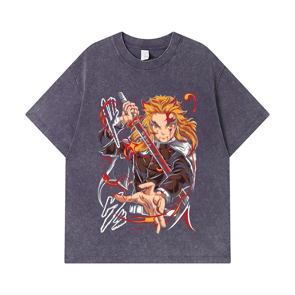 275 GSM Washed T-shirts 100% Cotton Demon Slayer V85 Rengoku Print Unisex Heavy Cotton T Shirt