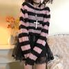 Pink Striped Gothic Sweaters Women Ripped Holes Loose Knitted Pullover Frayed Fairy Grunge Jumpers Emo Streetwear Lolita