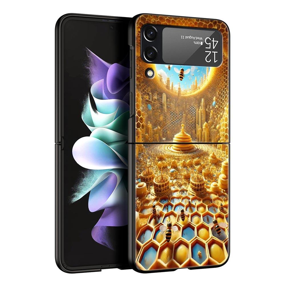 Honeybee Flower Pattern Hard PC Phone Case For Samsung Galaxy Z Flip 7 6 5 4 Black Cover For Galaxy Z Flip 3 Foldable Fundas Bag