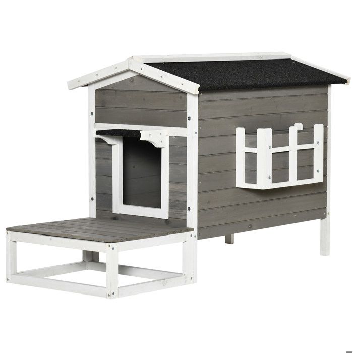 Wooden Cat Dog Kennel with Raised Terrace - ELVMI - Gray Waterproof Bitumen Roof 115 × 66.5 × 74.7 cm