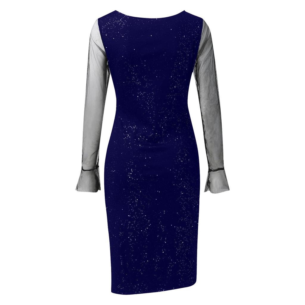 Женское сексуальное сетчатое платье с пайетками и длинным рукавом с v-образным вырезом и разрезом миди, вечернее клубное платье