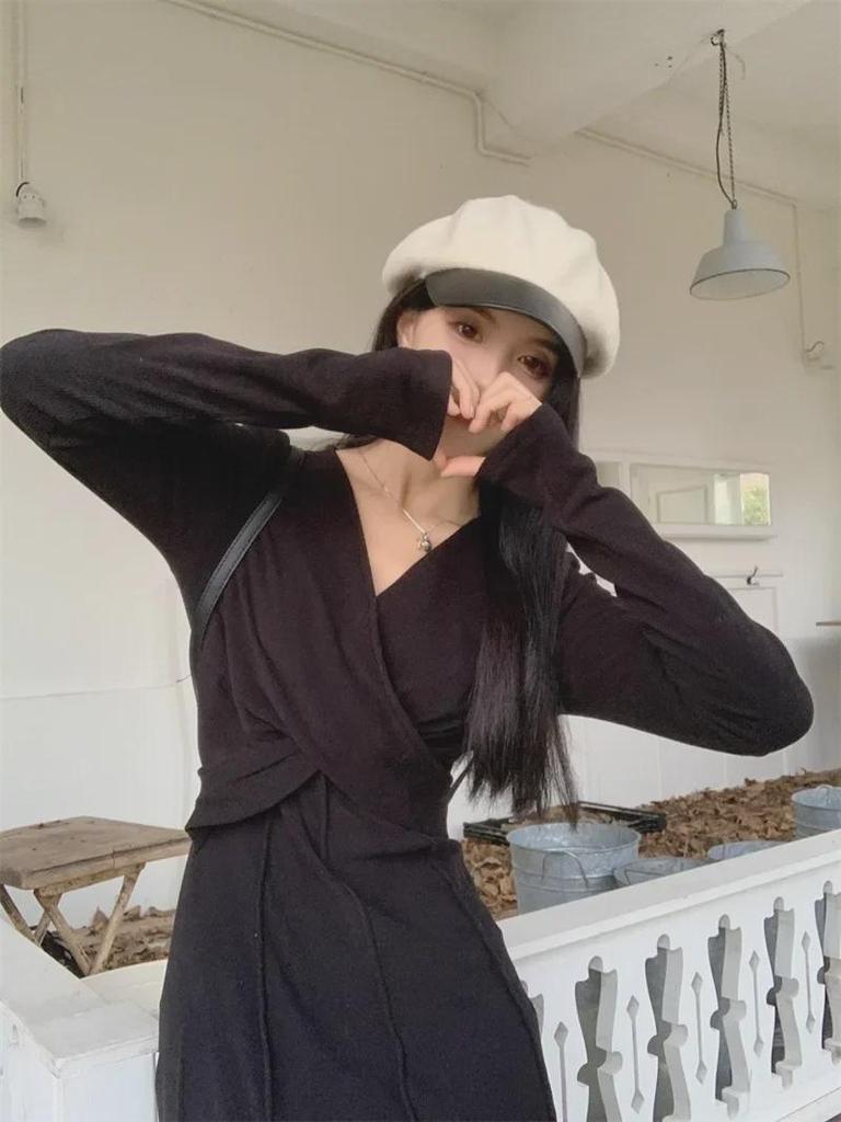 Женское трикотажное платье больших размеров с французским V-образным вырезом - осенняя утягивающая талию длинная юбка