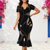 Women Plus Size V Neck Short Sleeve Black Printed Fitted Fishtail Dress