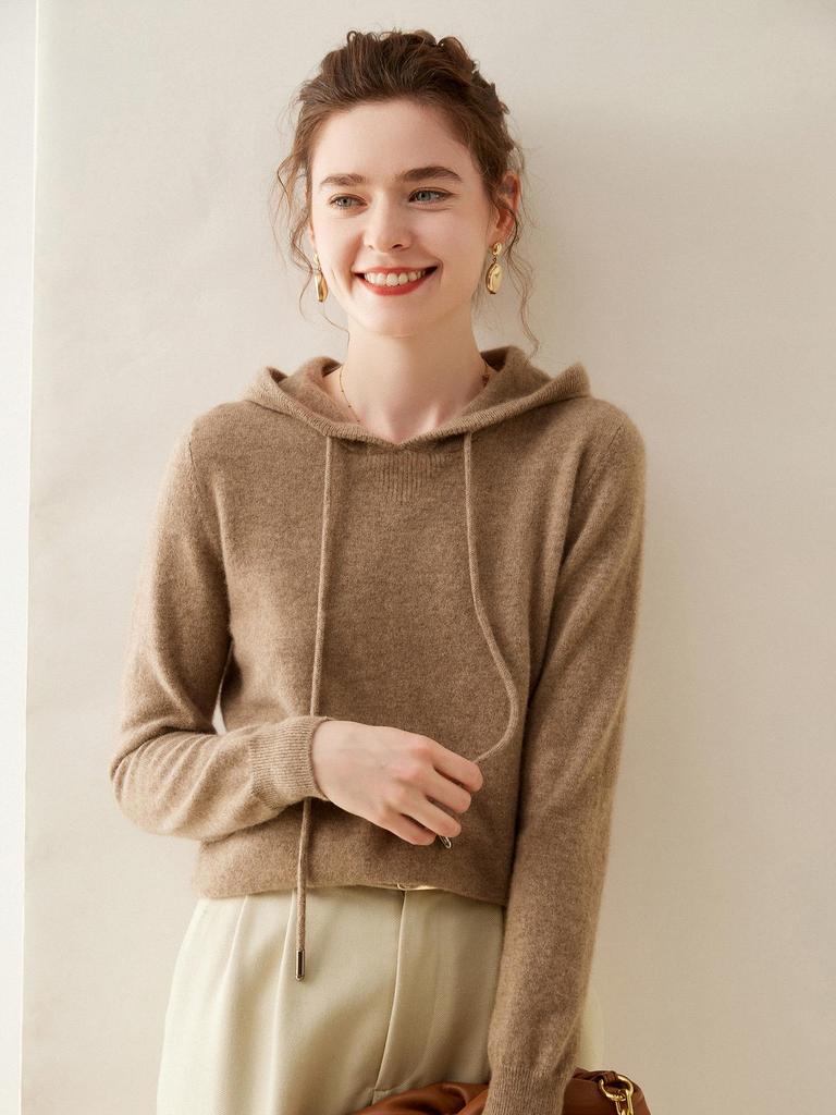 Women's Cashmere Hoodie: Solid Color Loose Slimming Pullover Knit Sweater for Autumn/Winter Outerwear