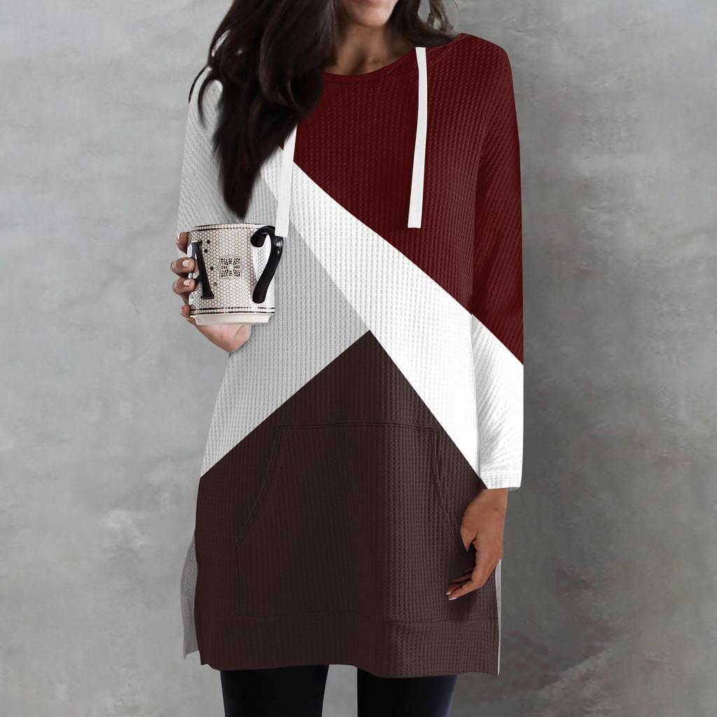 Женские свободные рубашки с принтом, длинные рукава, толстовки с завязками, трикотажные туники с боковыми разрезами, топы с капюшоном и карманом