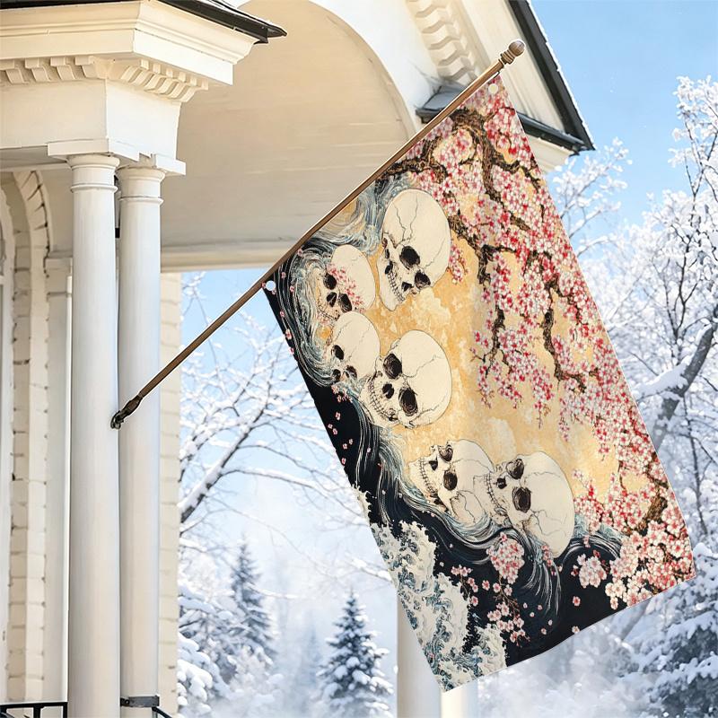 2D Flat, 1pc 2D Flat Decorative Flag, Japanese Ukiyo-e Style Skull and Cherry Blossom Pattern Hanging Flag, Vintage Art Wave and Skeleton Backdrop Clo