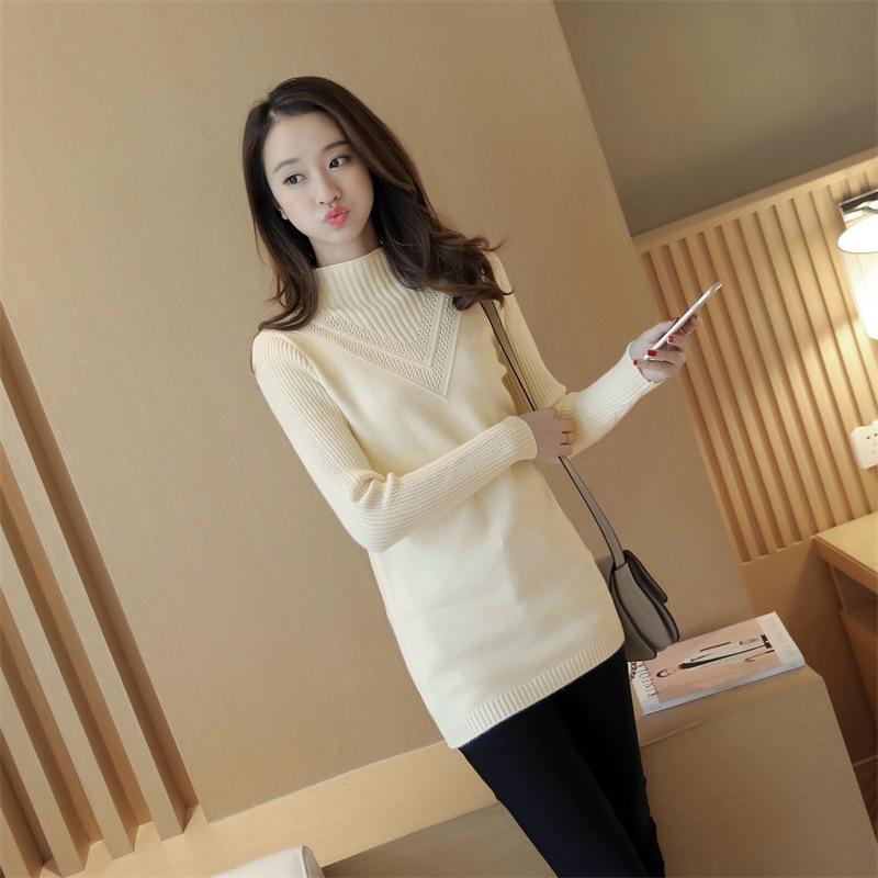 Korean Sweater Women Half Turtleneck Pullover Mid-length Knitted Sweater Women's Knitwear Solid Color Thick Jumper Sweater Autumn and Winter