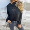 Women Sweater Long Sleeve Hollow Design Jacquard Decor Knitting Tops Solid Color Loose Fit Casual Sweaters