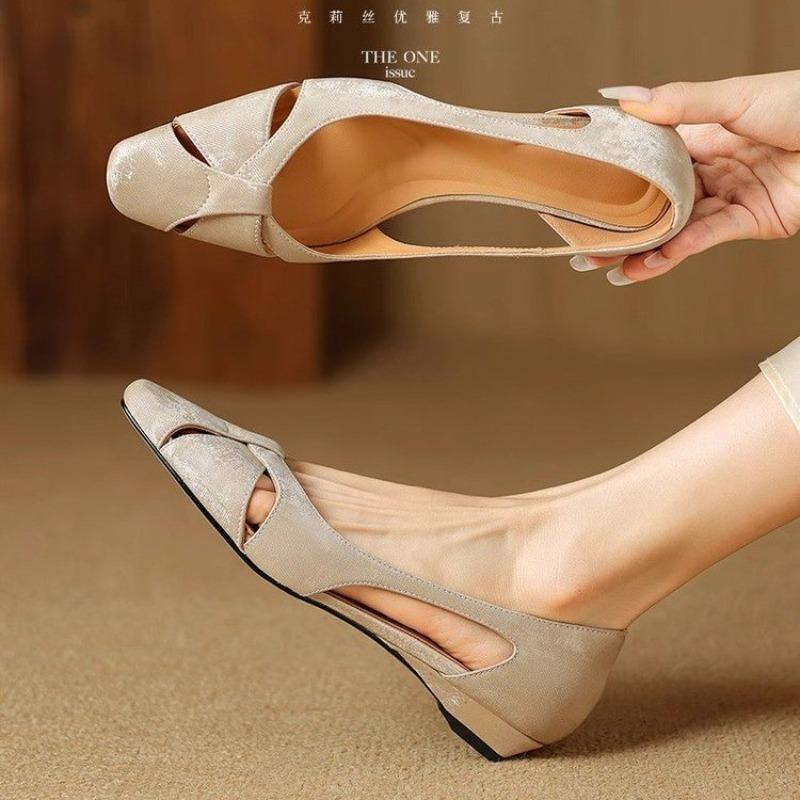 2024 Новые полые дышащие туфли с квадратным носком без застежек, однотонные, с квадратным каблуком, темпераментные, модные и универсальные летние женские туфли