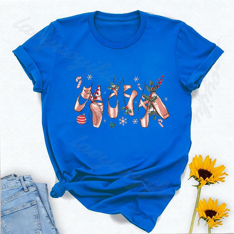 Балетная туфелька Хлопковая футболка Веселого Рождества Т-футболка Танцующее Рождество Т-футболка Балерина Рождественский подарок Женская одежда Yk Топ