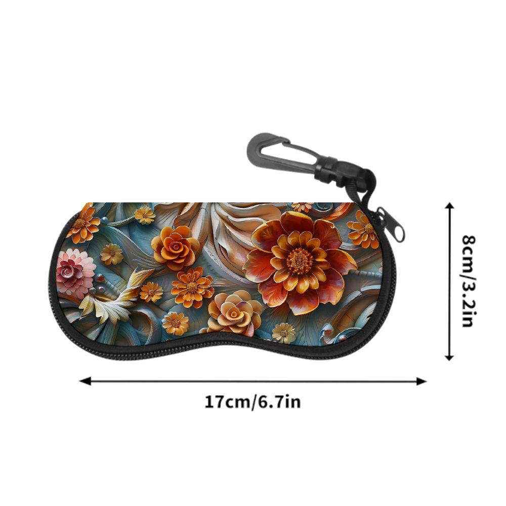 2D-Vintage Floral Art Print Sunglasses Case, Decorative Embossed Flower Eyeglasses Storage Pouch, Zipper Protective Eyewear Container for Travel Gift