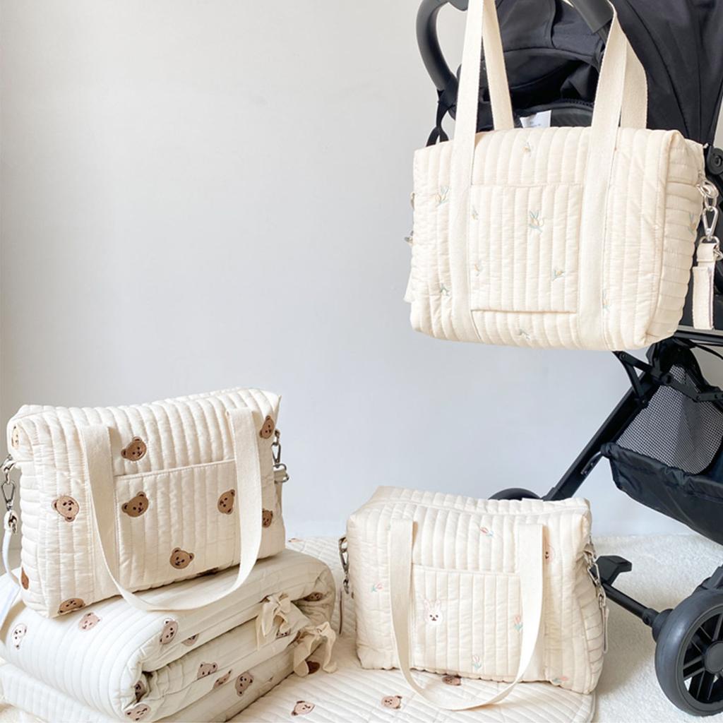 Сумка для бутылочек с вышивкой на коляску Мягкая хлопковая сумка-ведро с рисунком медведей и кроликов Оливковый бежевый ланч-бокс Сумка-тоут для бутылочек