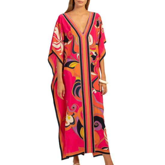 2024 платье-халат с v-образным вырезом и рукавами «летучая мышь», свободное платье до щиколотки, крутое богемное платье с геометрическим принтом, пляжная одежда