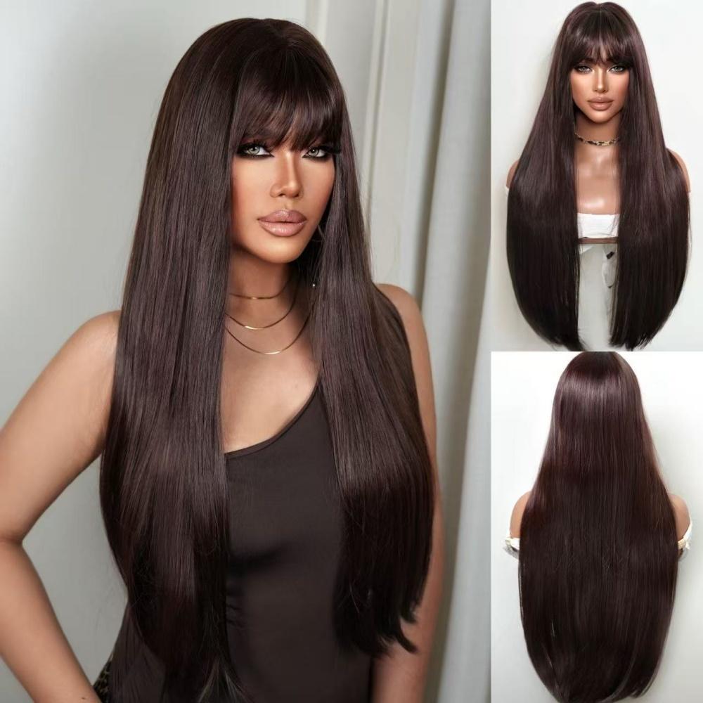 Live Stream Popular Long Straight Wig With Full Bangs Heat Resistant Synthetic Hair Face Framing Design for Women