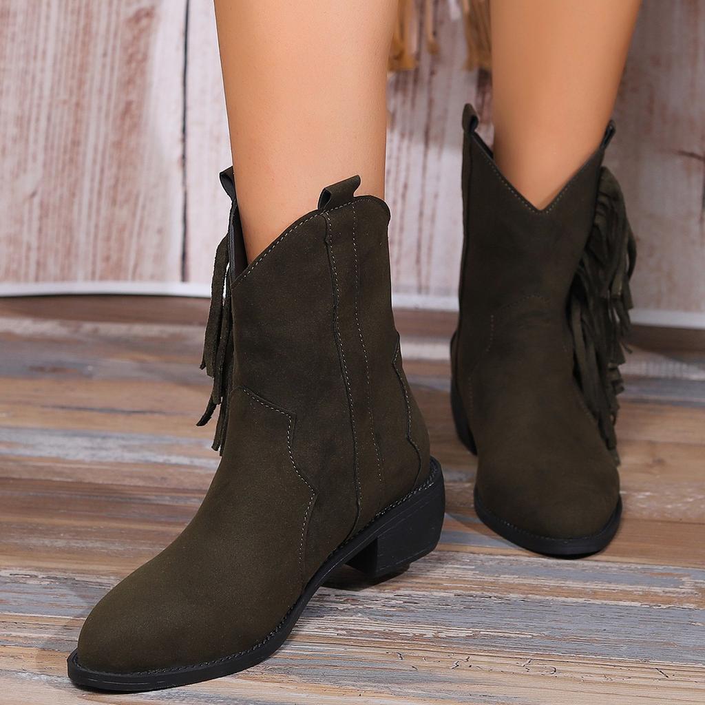 Трансграничные сапоги больших размеров с бахромой в винтажном стиле, женские новые ковбойские ботильоны с острым носком и толстым каблуком для осени/зимы 2024 г.