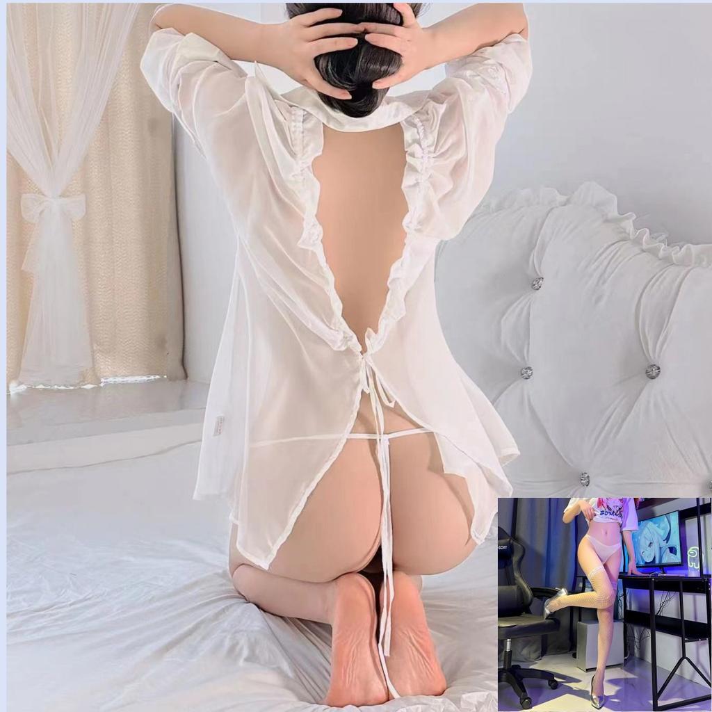 New Sex Underwear Sexy Leaking Back Teasing Perspective Temptation Pajamas Chiffon Shirt Women's Home Set