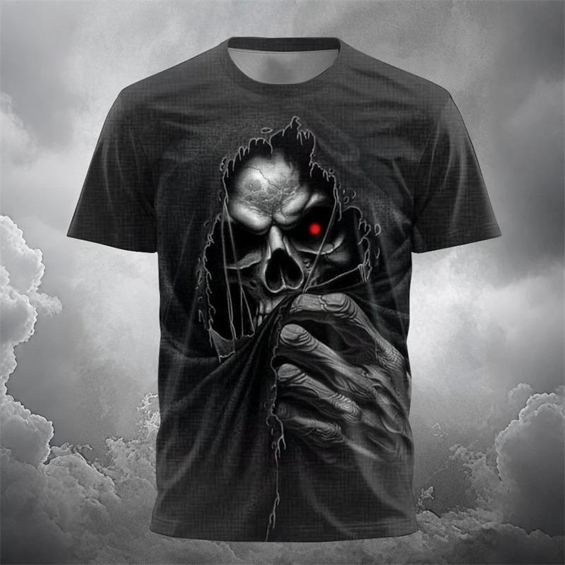 Men's Casual Round-Neck Short-Sleeve T-Shirt Trendy Men's Top with Flame and Skull Print Shirt for Holiday Parties