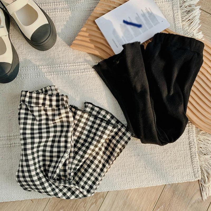 Детские повседневные расклешенные брюки для девочек, однотонные черные брюки в клетку