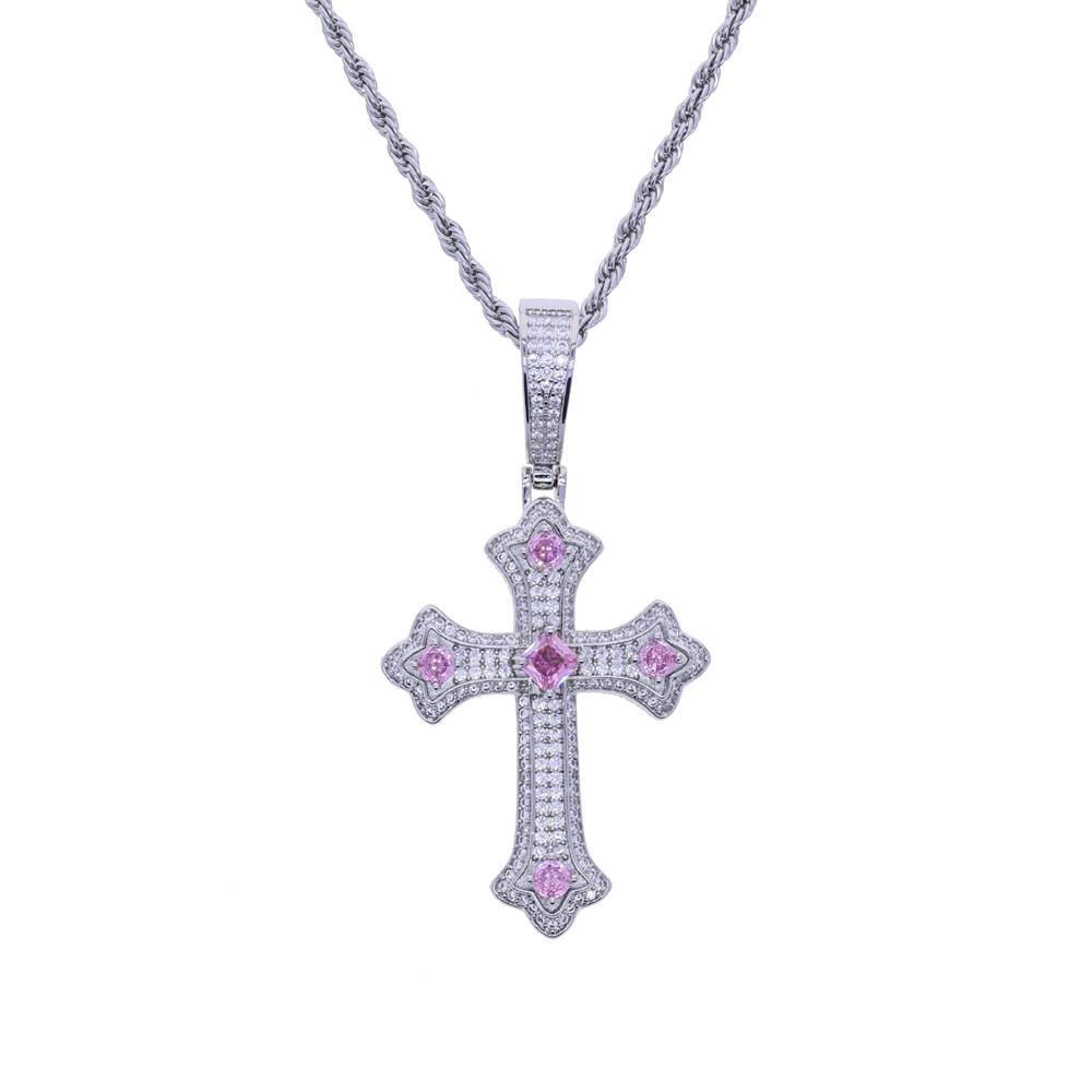 Fashion Design Two Tone Cross Pendant Men Hip Hop Necklace Full Paved Iced Out Cubic Zirconia Geometric Pink Blue Purple Cross