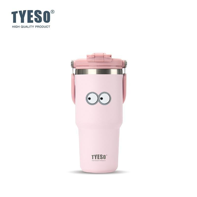 Tyeso 750ml Vacuum Cup Handle Dual-Drink Coffee Mug 304 Stainless Steel Ice Cup Car Bottle Hot Cold Retention Thermoses with Eye Sticker