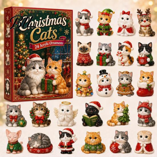 24 Day Christmas Countdown Cat Advent Calendar, with Cute Ornaments, Calendar 2D Acrylic Kitty Holiday Decorations, Gift for Kids, Party Favors Gifts