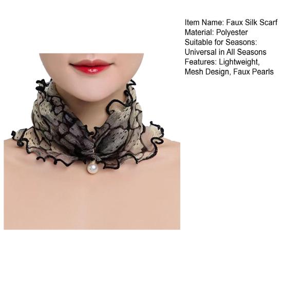 Faux Silk Scarf Lightweight Mesh Soft Shiny Touch Edge-covered Design Scarf with Faux Pearl Decor Neck Decoration